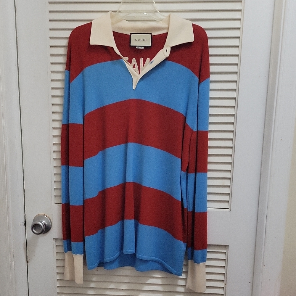 Gucci Men's Red and Blue Striped Sweater